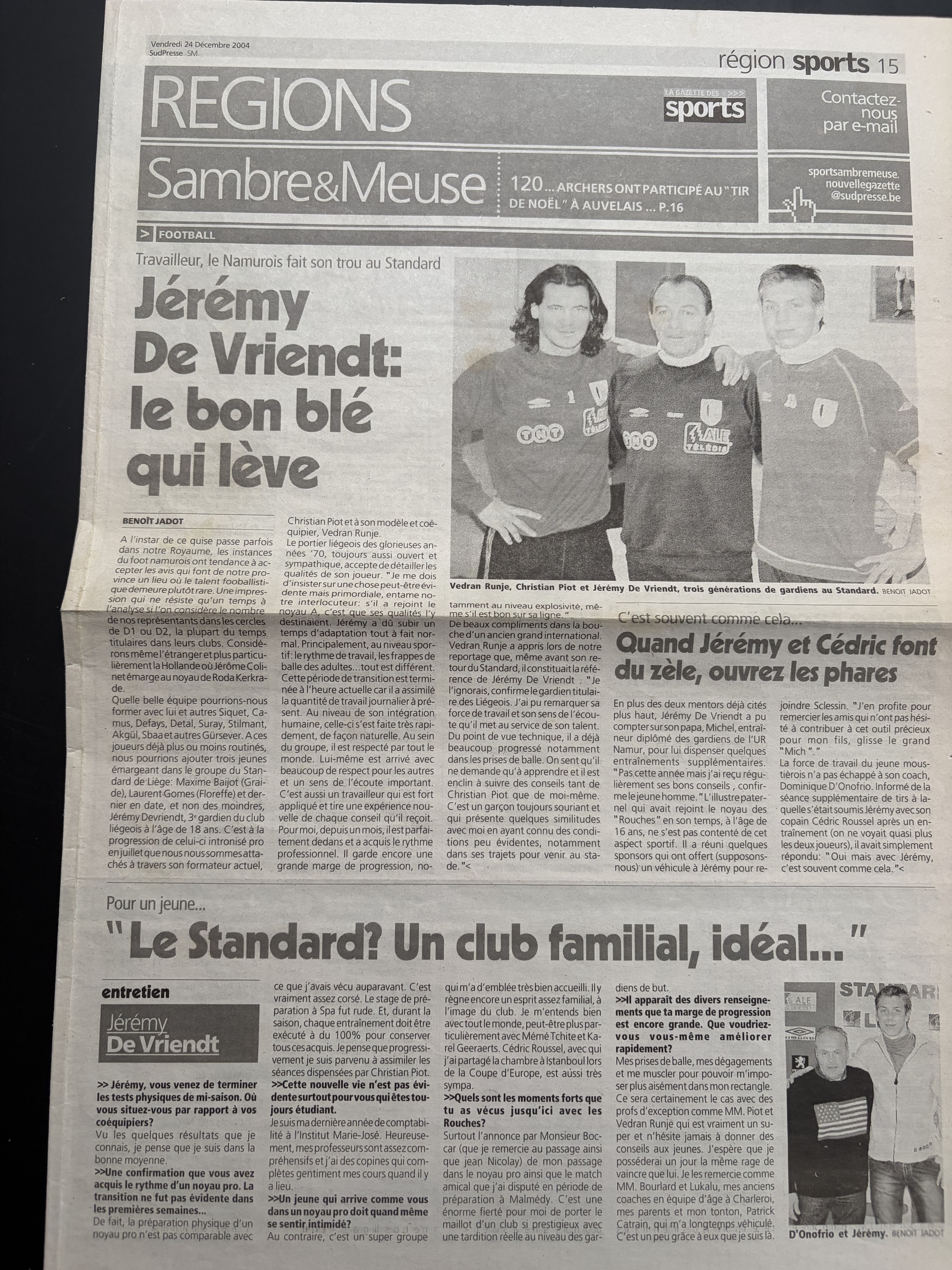 Page complète Sud Presse — Jérémy De Vriendt, Standard de Liège, décembre 2004